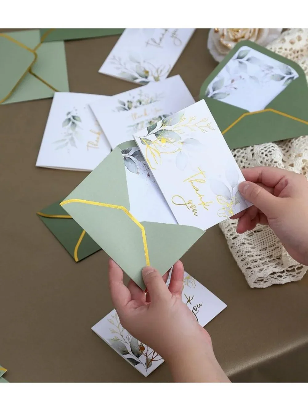 Luxurious Gold Thank You Cards - 100 Pack with Envelopes, Sage Green, Wedding